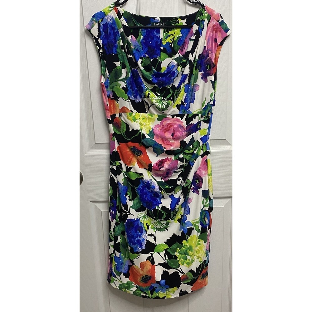 RALPH LAUREN Women Floral Sheath Stretch Dress Blue/Green/Pink Lined Wedding L